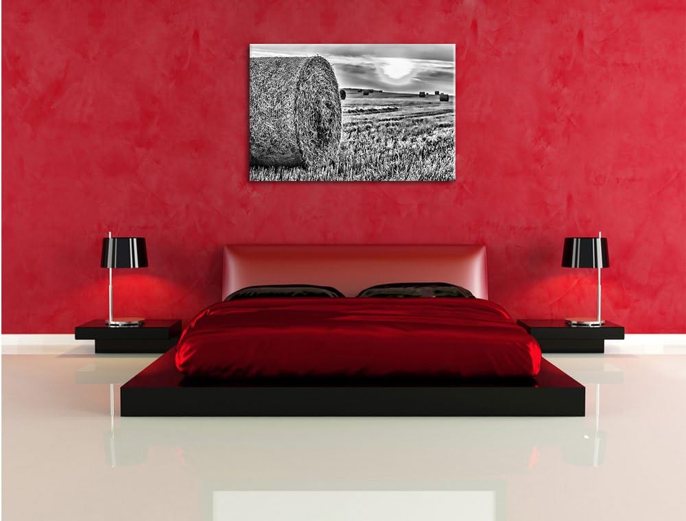 Pixxprint Strohballen auf Feld / 100x70cm Leinwandbild bespannt auf Holzrahmen/Wandbild Kunstdruck D