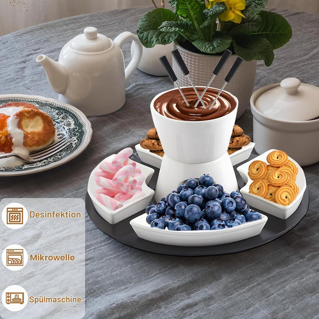 Keramik Schokofondue, Fondueset mit Holzpalette, 4 Gabeln, 4 Snackschalen, Schokobrunnen mit Schmelz