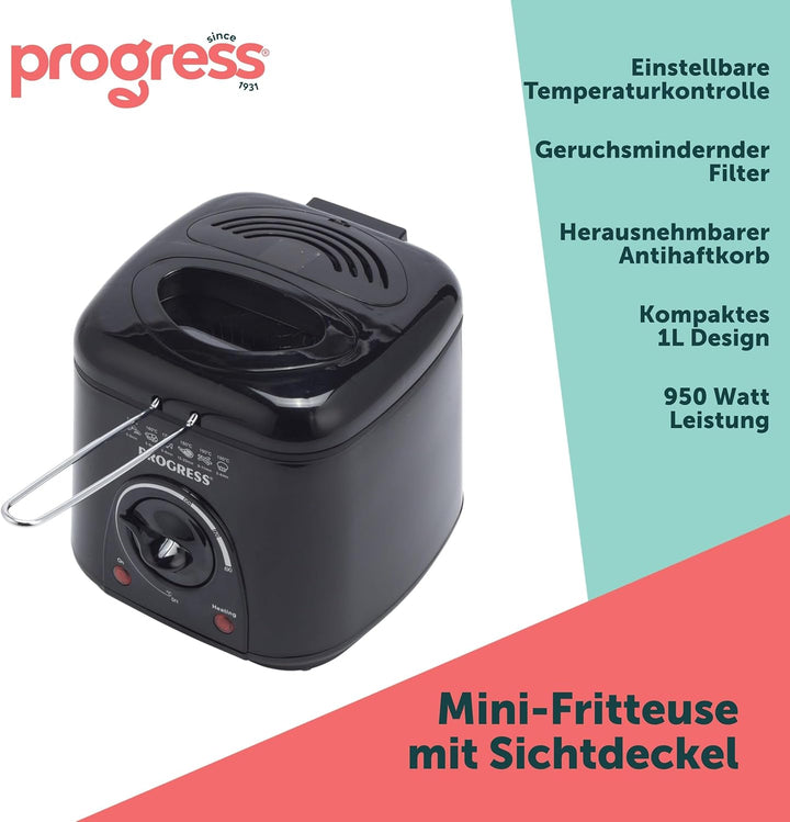 Progress EK2969PBLKVDE Kompakte 1L Mini-Fritteuse - Herausnehmbarer antihaftbeschichteter Frittierko