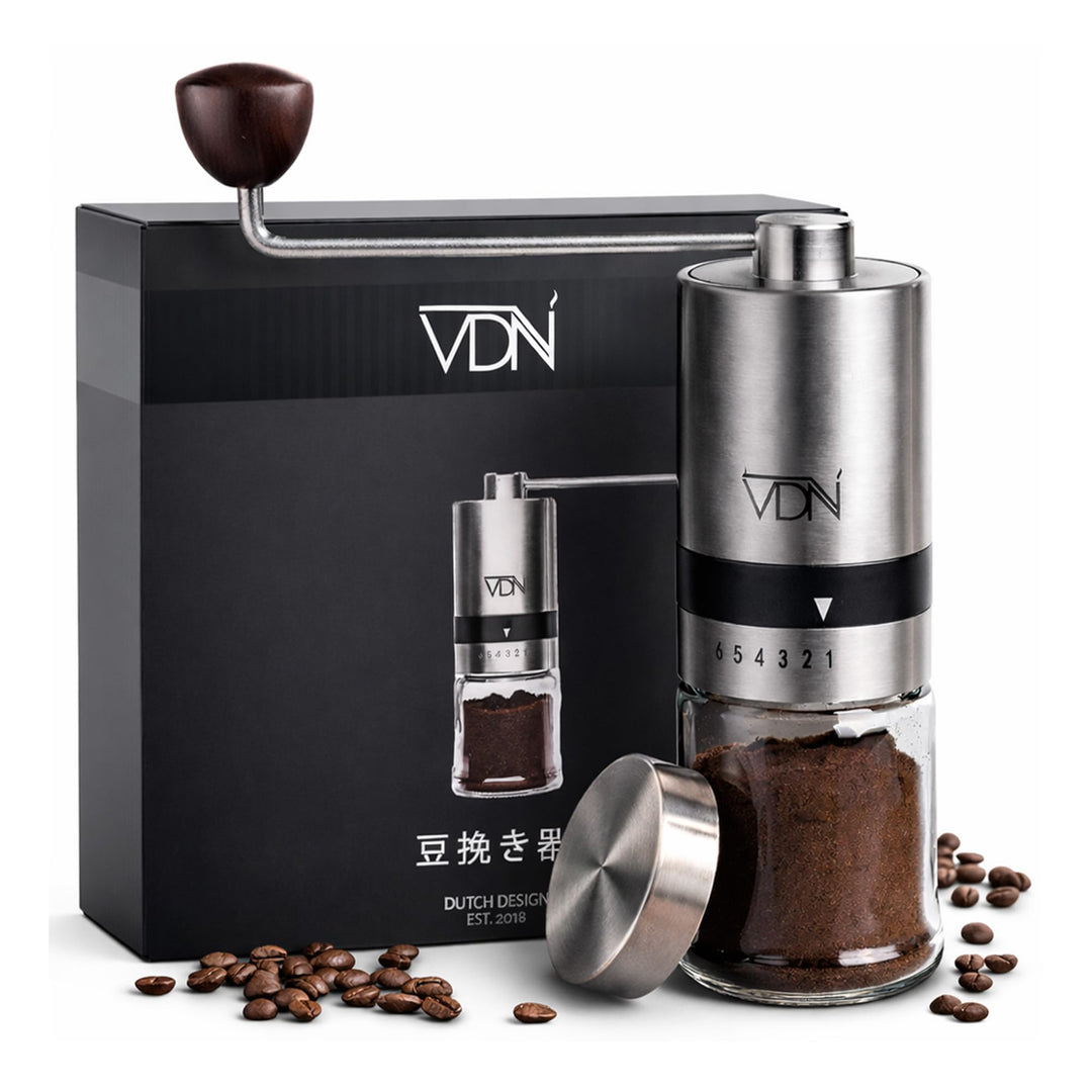 VDN Kaffeemühle manuell - Kaffeemühle Kegelmahlwerk [aus Edelstahl] - Kaffeebohnen Mahlgerät [6 Mahl