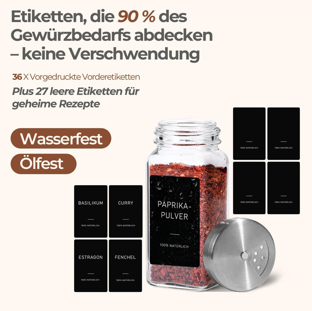 ComSaf Gewürzgläser Eckig mit Etiketten (24×120ml), Gewürzstreuer Glas mit Metalldrehdeckel, Gewürzd