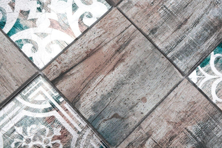 Mosaikfliese Glasmosaik Piastrella Vintage Patchwork grau braun pastell grün Holzoptik Ornament Küch