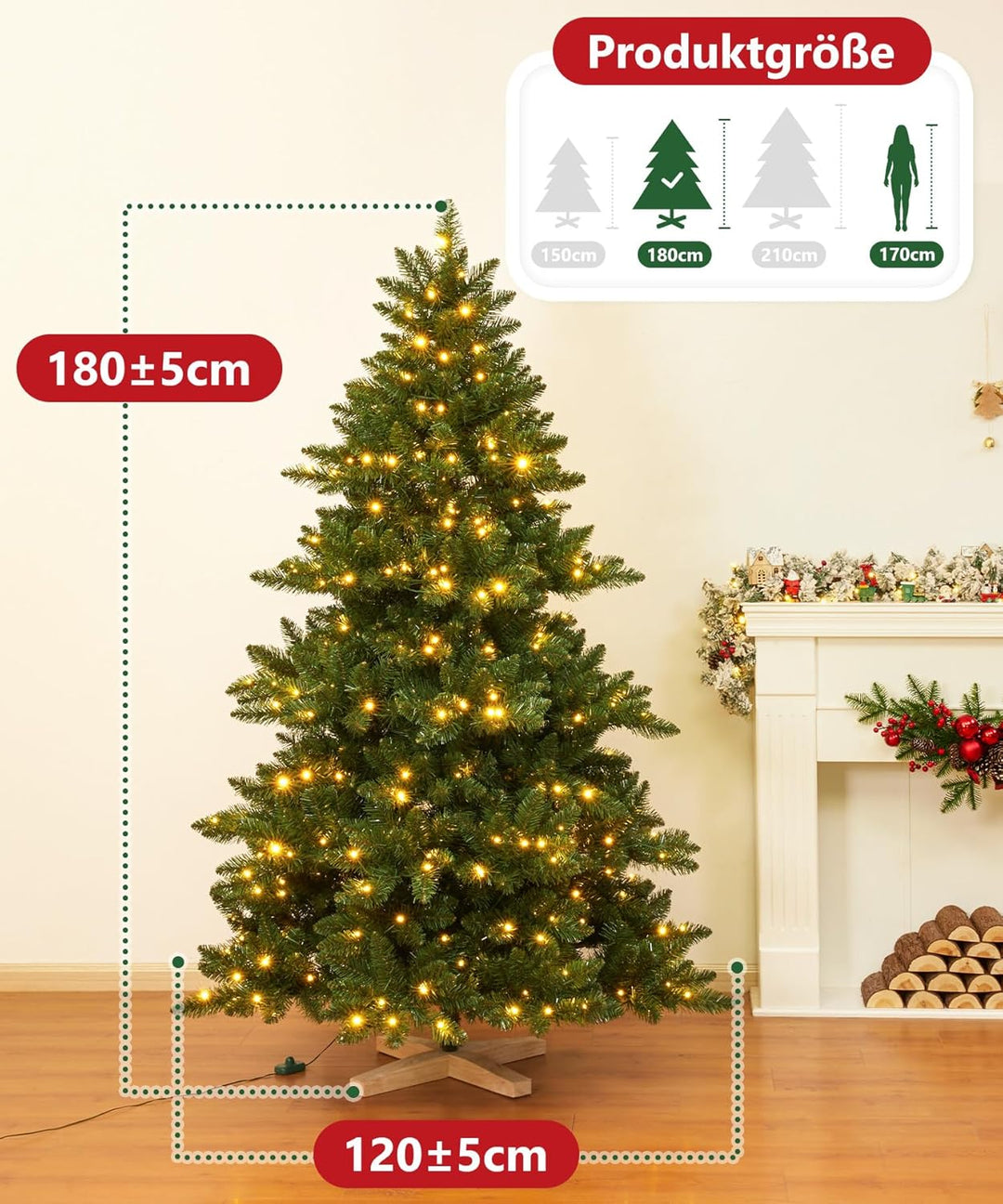 Yorbay Künstlicher Weihnachtsbaum mit Beleuchtung LED mit Holzständer für Weihnachten-Dekoration (18