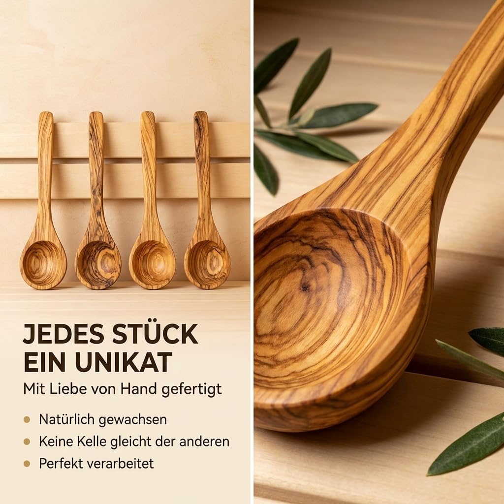 Saunakelle aus Olivenholz mit Gravur - Personalisierbare Aufgusskelle langlebig & hitzebeständig - S