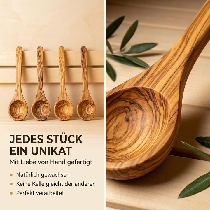 Saunakelle aus Olivenholz mit Gravur - Personalisierbare Aufgusskelle langlebig & hitzebeständig - S