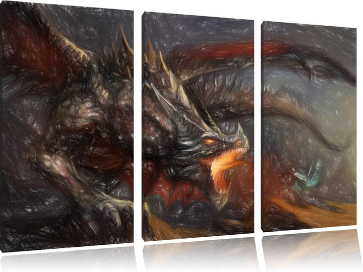 Pixxprint Kampf zwischen Mensch und Drache Bunstift Effekt 3-Teiler Leinwandbild 120x80 Bild auf Lei