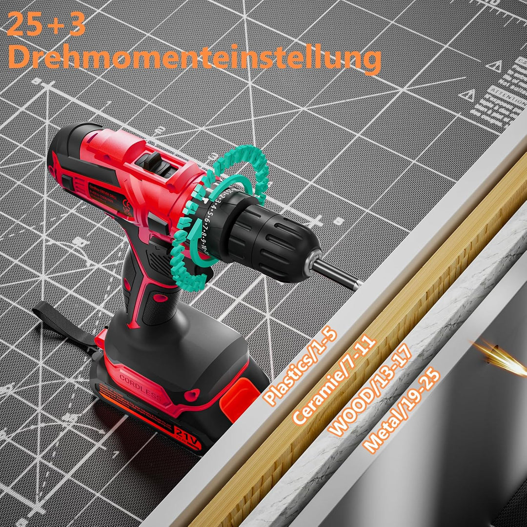 Akkuschrauber, 21V Akku Bohrschrauber Set mit Akku 1×2000mAh 45Nm Drehmoment Max 25+3 Drehmomentstuf