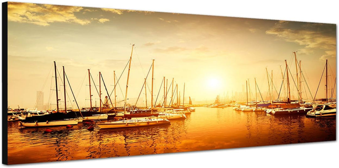 Paul Sinus Art Panoramabild auf Leinwand und Keilrahmen 150x50cm Meer Hafen Boote Abenddämmerung