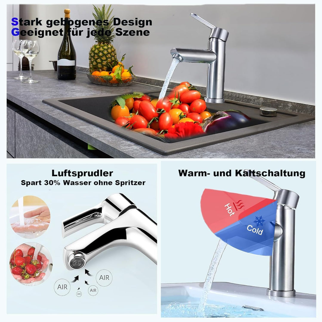 Waschtisch- und Badezimmerarmaturen aus Edelstahl, warm und kalt, mit geräuschloser Wassereinsparung