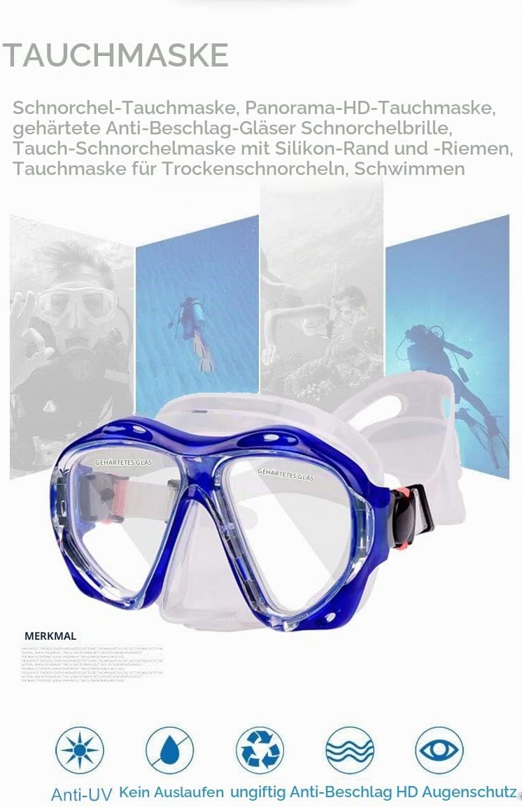 Taucherbrille für Erwachsene mit Anti-Nebel Schnorchelmaske, Schwimmmaske gehärtetem Glas und Nasena