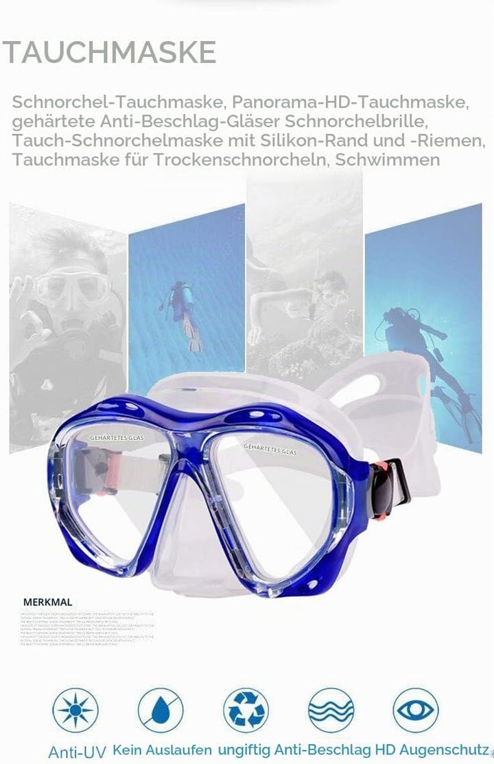 Taucherbrille für Erwachsene mit Anti-Nebel Schnorchelmaske, Schwimmmaske gehärtetem Glas und Nasena