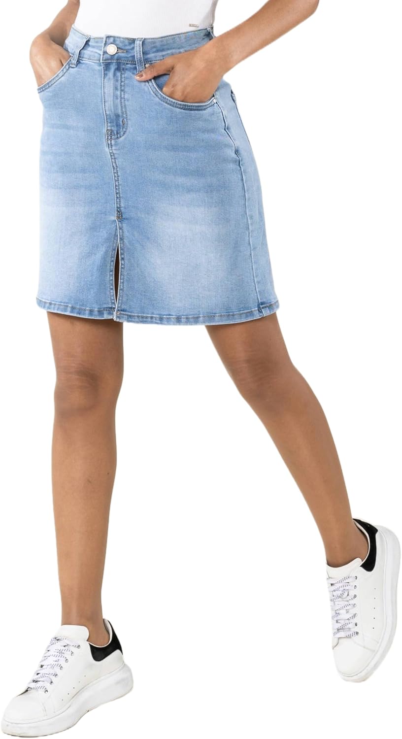 Nina Carter P213 Damen Kurzer Jeansrock mit Vorderem Schlitz Reissverschluss Stretch Used-Look Hellb