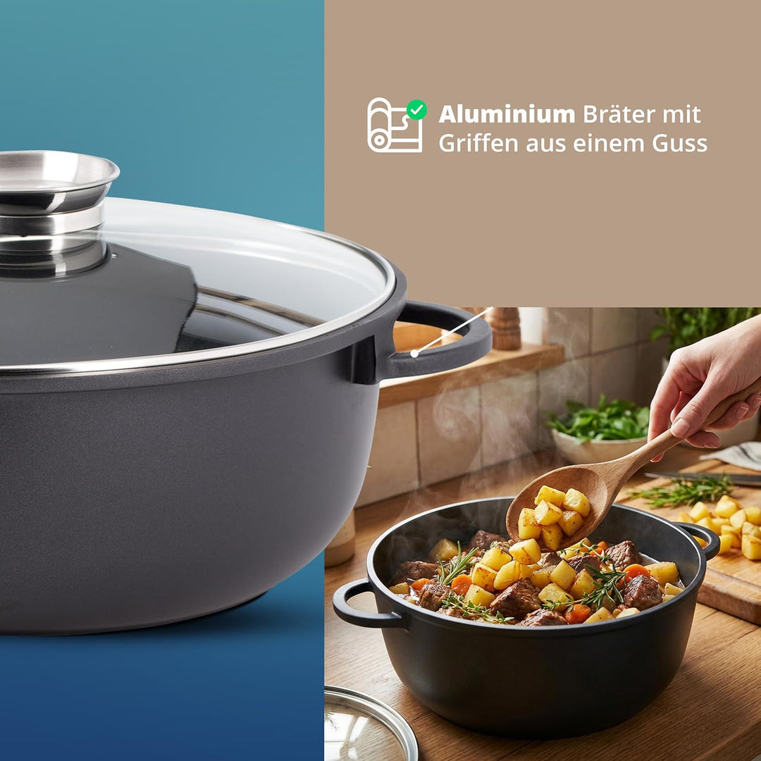 KHG Aluminium Bräter mit Glasdeckel & Aromaknopf 26x38 cm Oval 9 L - ILAG Xeradur®5 Antihaftbeschich
