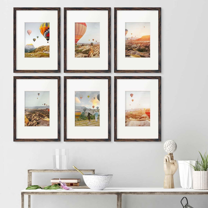 PHOTOLINI Bilderrahmen A4 Holz MDF Eiche Dunkel, 6er Set DIN A4 Bilderrahmen 21x30 cm mit Passeparto
