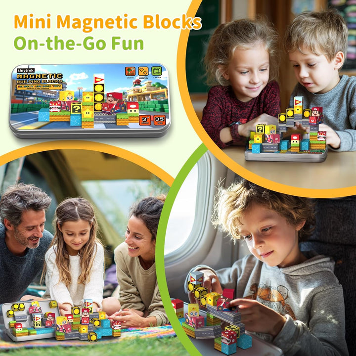 Magnetische Bausteine Reisespielzeug für Kinder, 35 Stück Mini Magnetwürfel mit Tragbare Metallbox K