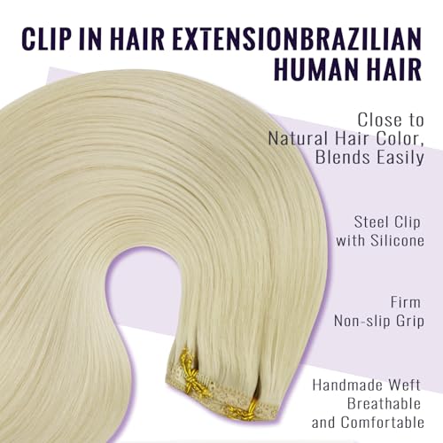 Fshine Echthaar Extensions Clip Weisse Blondine 40cm/16zoll Remy Haarverlängerung Echthaar Clip 120g
