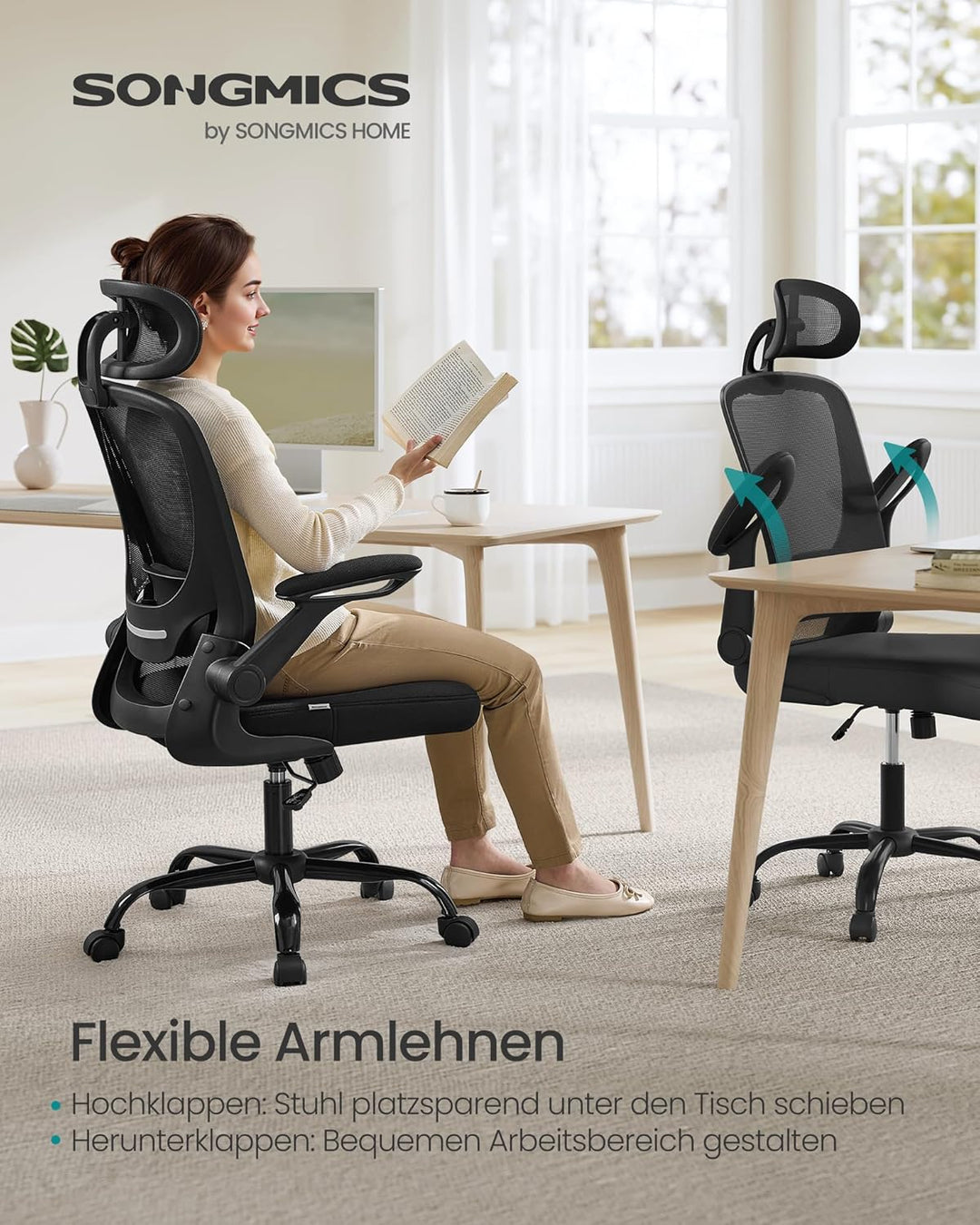 SONGMICS Bürostuhl ergonomisch, Schreibtischstuhl, Drehstuhl mit Mesh, gepolsterte Lendenstütze, Wip