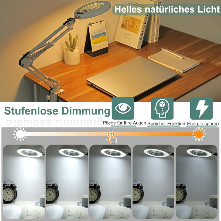 Veemagni 10X Lupe mit Licht, 5 Farbmodi Stufenlos Dimmbar, Verstellbarer Schwenkarm LED Beleuchtete
