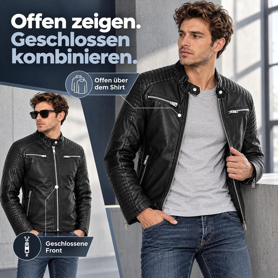 Herren Lederjacke Kunstleder Bikerjacke Übergangsjacke Brooklyn Slim Fit Schwarz XL Schwarz, XL Schw