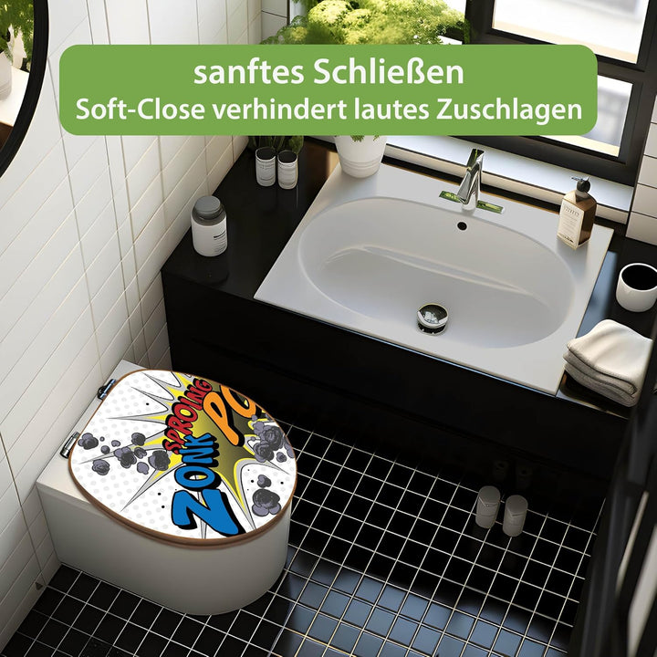 banjado® Design WC Sitz Bambus Absenkautomatik mit Motiv Comic/Toilettendeckel mit Absenkautomatik H