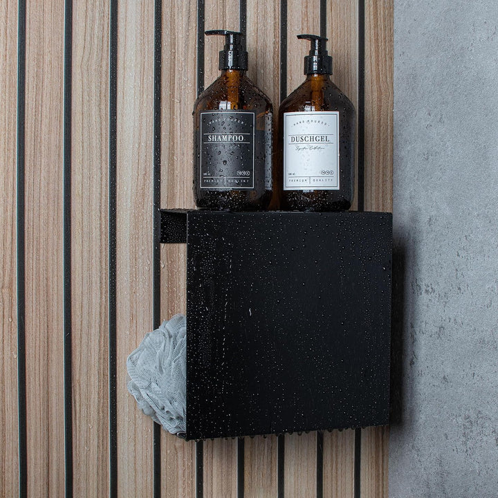 Schulte D1853 68 Duschablage zum Kleben, Mattschwarz, Aufbewahrung von Duschzeug, ohne bohren fürs B