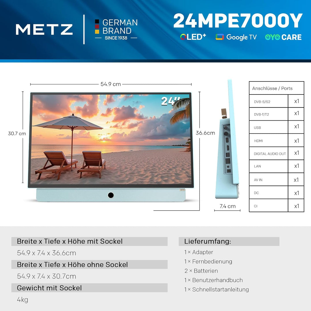 METZ Blue Tragbarer Fernseher 24 Zoll (60 cm) Google TV FHD mit Akku, 12V Auto-Ladegerät, Blendfreie