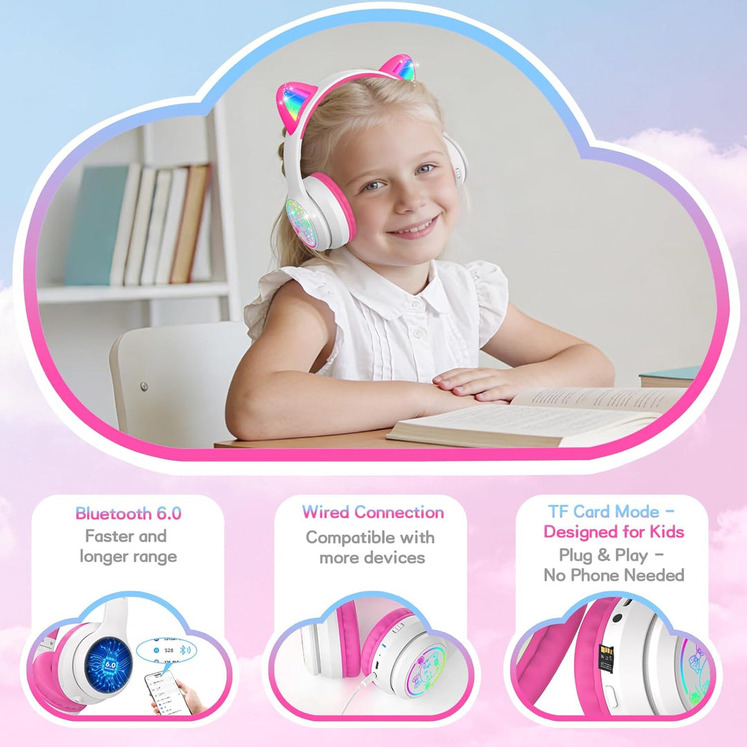 IFECCO Bluetooth Kopfhörer Kinder kabellos mit Aufbewahrungstasche, Kinderkopfhörer Over-Ear mit LED