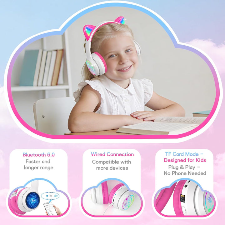 IFECCO Bluetooth Kopfhörer Kinder kabellos mit Aufbewahrungstasche, Kinderkopfhörer Over-Ear mit LED