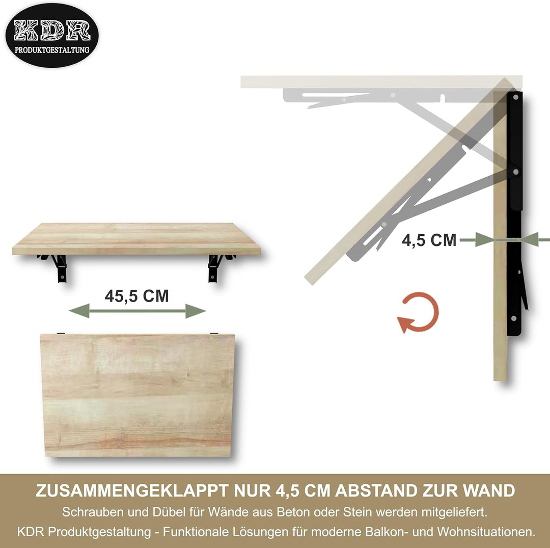 KDR Wandklapptisch 60x40 cm – Klapptisch zur Wandmontage, platzsparender Wandtisch, klappbarer Essti