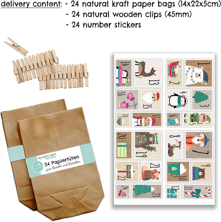 Papierdrachen Adventskalender zum Befüllen - 24 Geschenktüten und 24 Zahlenaufkleber und Klammern -