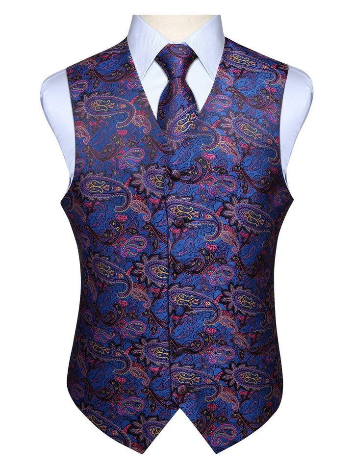 Enlision Herren Paisley Floral Jacquard Weste & Krawatte und Pocket Square Weste Anzug Set L Blau Ro