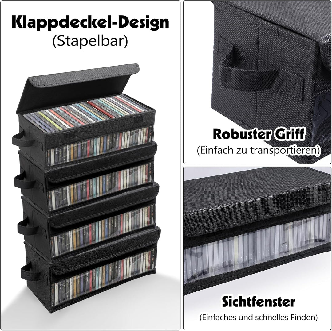 Dntorx 2 Stück CD Aufbewahrungsbox, 36x16x14cm Ständer mit Griffen Deckel Sichtfenster, Stapelbare C