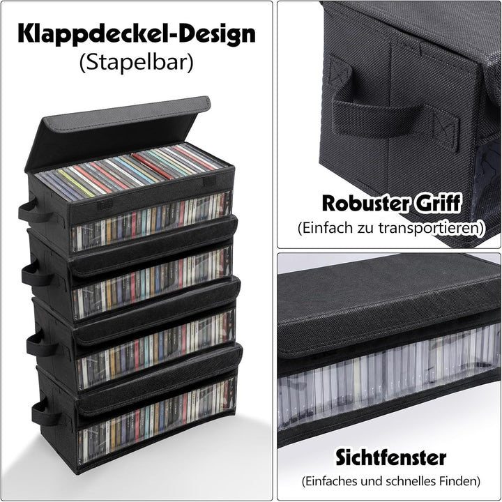 Dntorx 2 Stück CD Aufbewahrungsbox, 36x16x14cm Ständer mit Griffen Deckel Sichtfenster, Stapelbare C