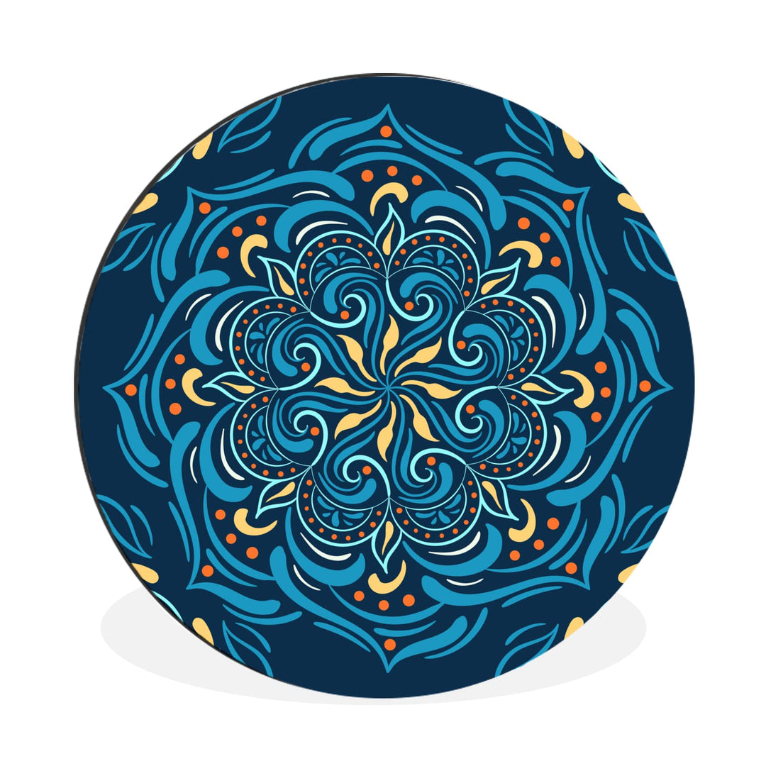 Wandbild Rund Wanddeko Deko Wohnzimmer Bilder 90x90 cm Mandala - Blau - Gelb - Muster 90.00 x 90.00