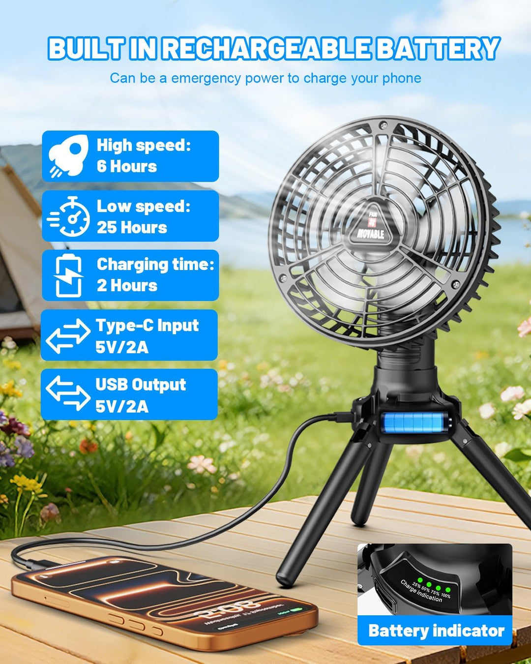 Camping Ventilator Akku, Ventilator Leise USB Aufladbar, Stufenlose Drehzahlregelung, Tischventilato