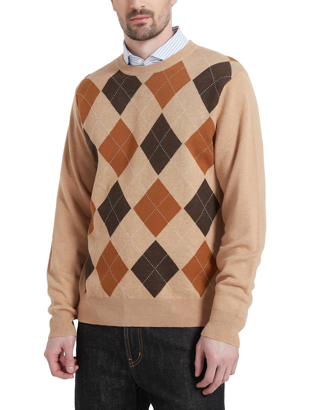 Kallspin Herren Wollmischung Strickpullover Argyle Rundhalsausschnitt Pullover Sweater 3XL Tall Khak