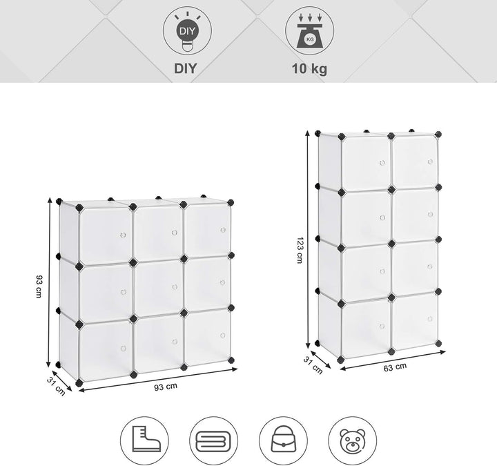 SONGMICS Regalsystem, Schuhregal, Set aus 9 Würfeln, Kleiderschrank aus Kunststoff, mit Türen, Steck