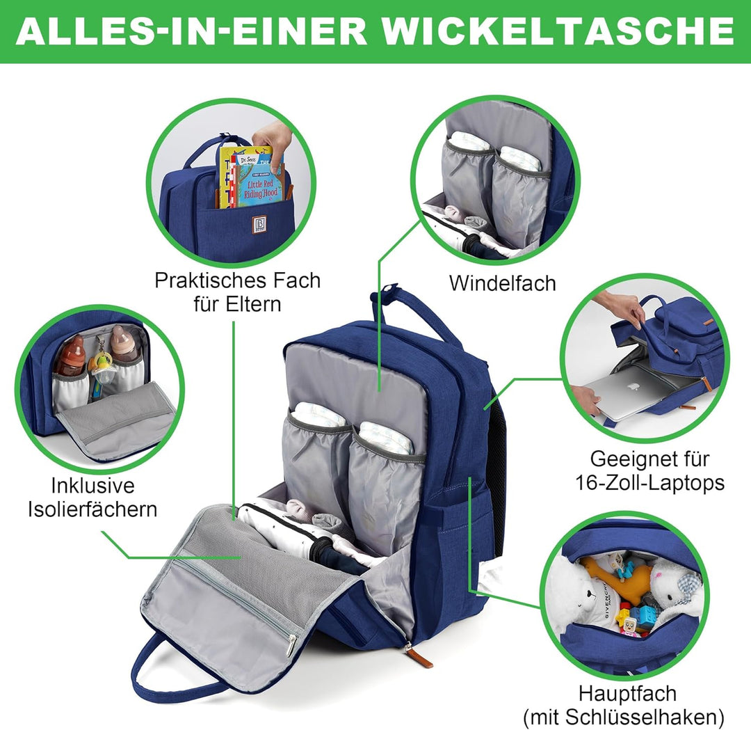 Brisby Wickelrucksack gross - Wickeltasche kinderwagen mit isoliertes Frontfach, Babytasche mit Wick
