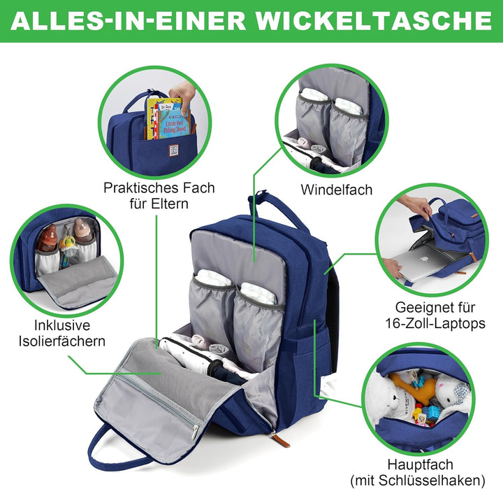 Brisby Wickelrucksack gross - Wickeltasche kinderwagen mit isoliertes Frontfach, Babytasche mit Wick
