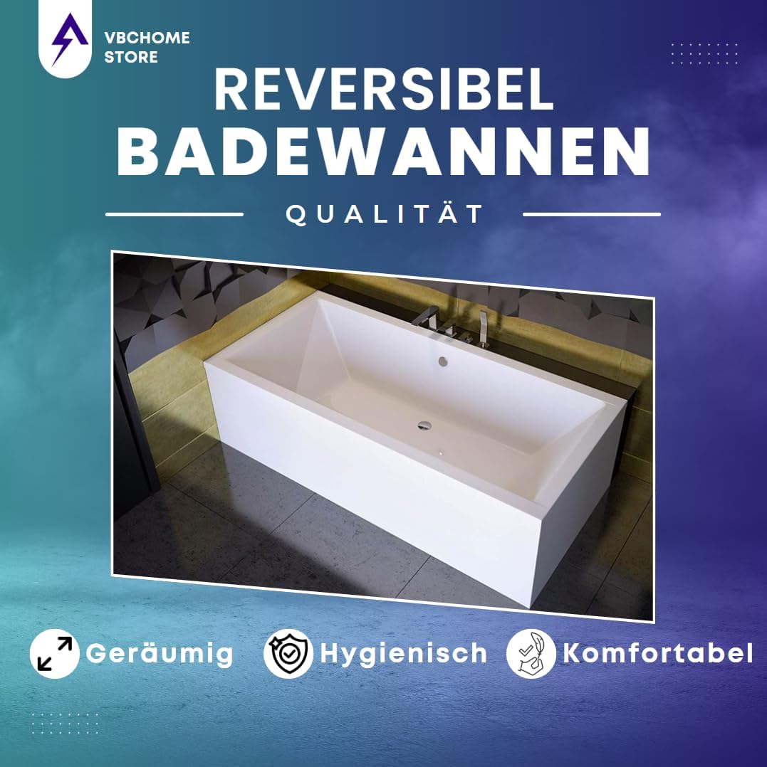 VBChome Badewanne 165x75 cm Acryl SET Wannenträger Siphon Wanne Rechteck Weiss Design Modern Styropo