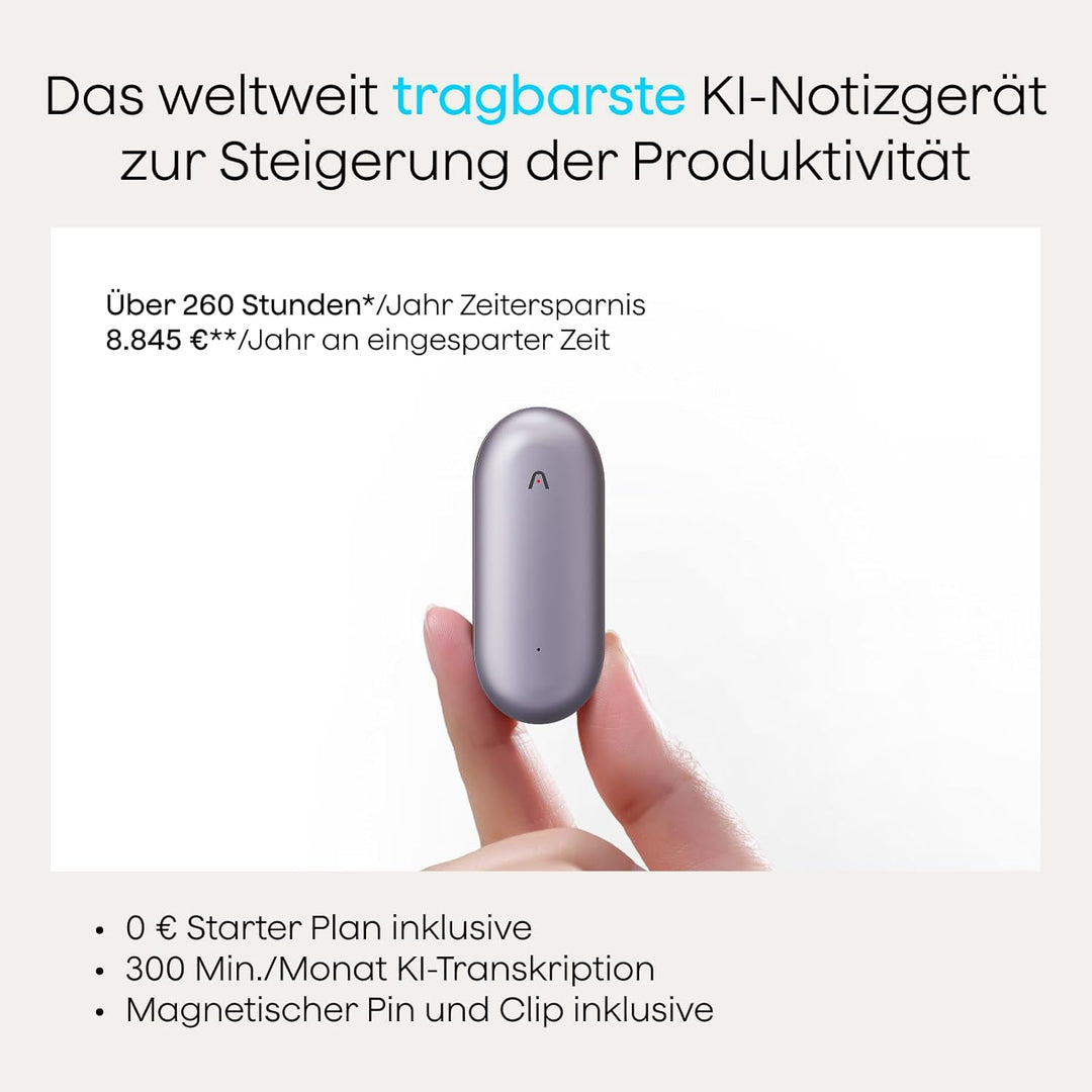 Plaud NotePin Sprachrekorder, KI-Sprachrekorder, App-Steuerung, KI-Notizgerät, KI-Transkription & Zu
