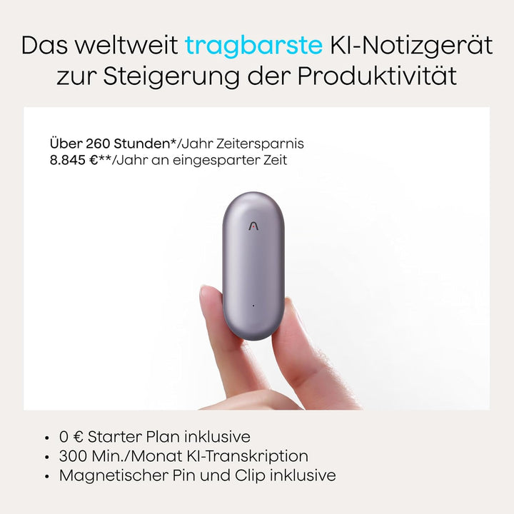 Plaud NotePin Sprachrekorder, KI-Sprachrekorder, App-Steuerung, KI-Notizgerät, KI-Transkription & Zu