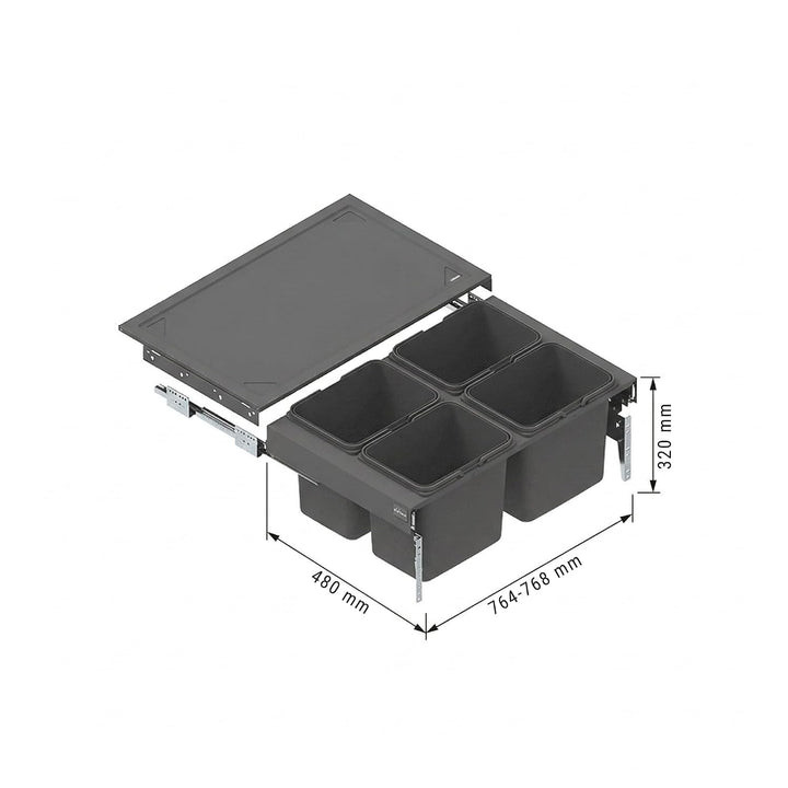 Einbau Mülleimer für 80 cm Küchenschrank 4 fach Mülltrennung mit Vollauszug Soft Close Ablage 4x15L