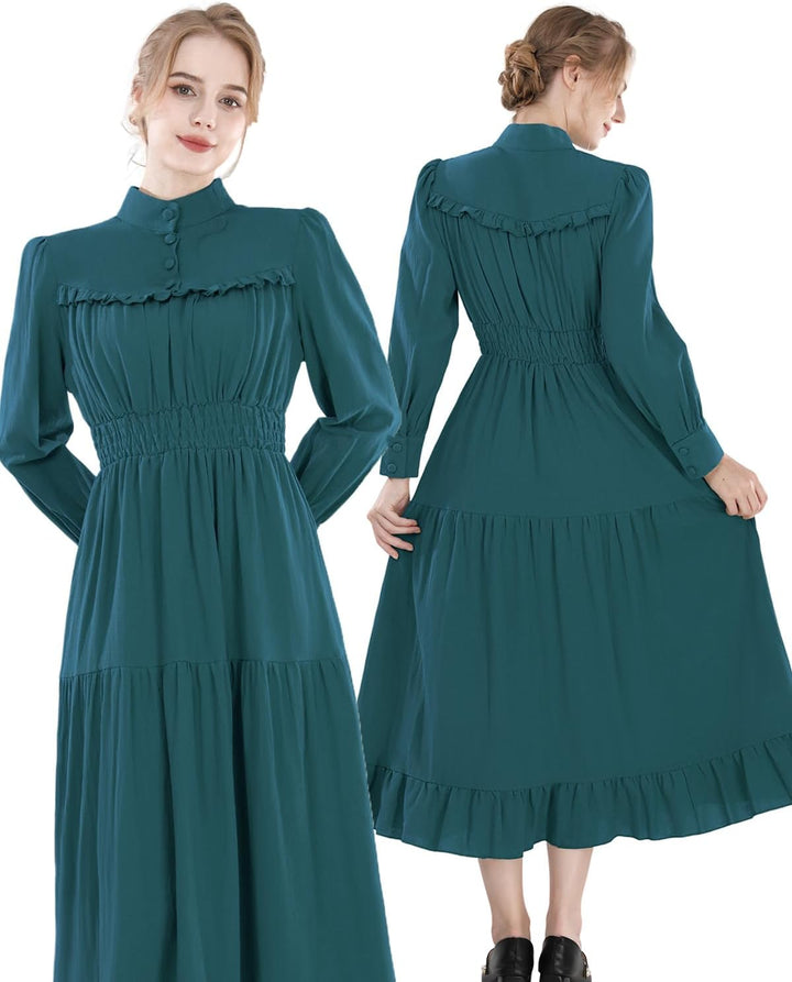 CR ROLECOS Mittelalter Kleidung Damen Viktorianisches Kleid Langarm A-Linie Vintage Edwardianisches