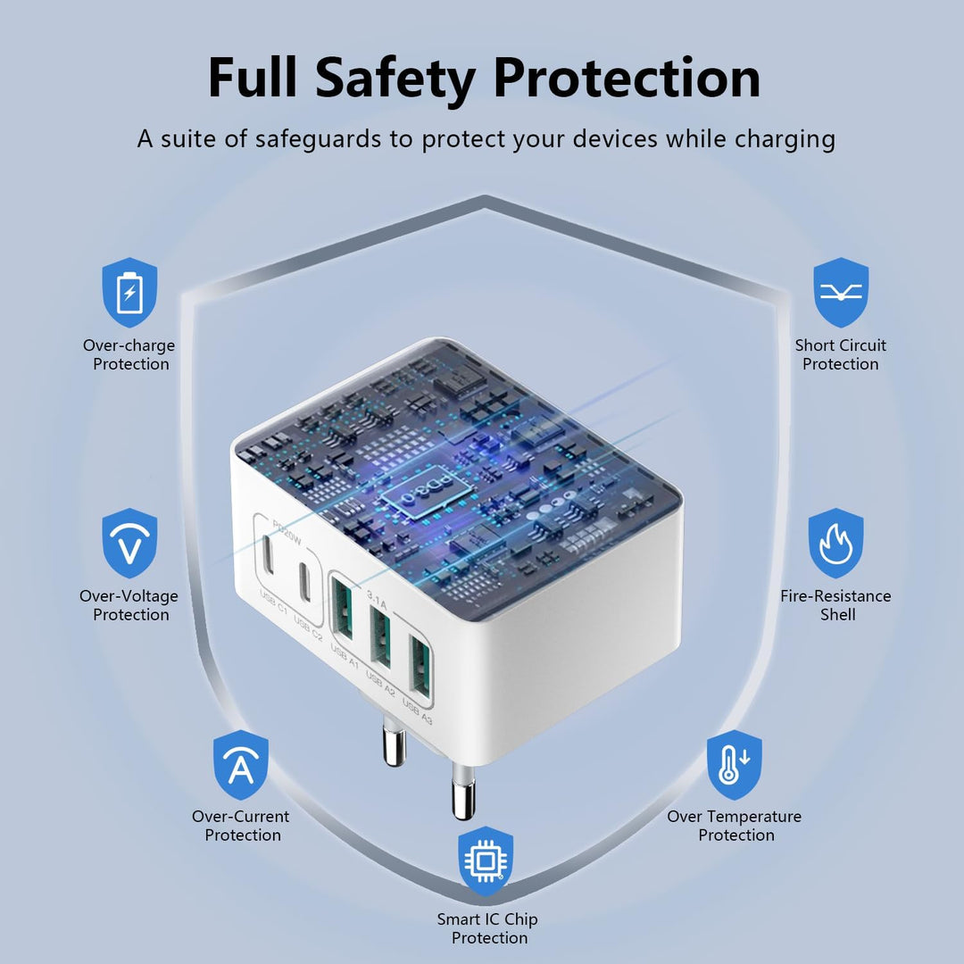 USB Ladegerät Mehrfach ladestation(2er Pack), USB stecker 50W 5 Ports Schnellladegerät PD 3.0 Power