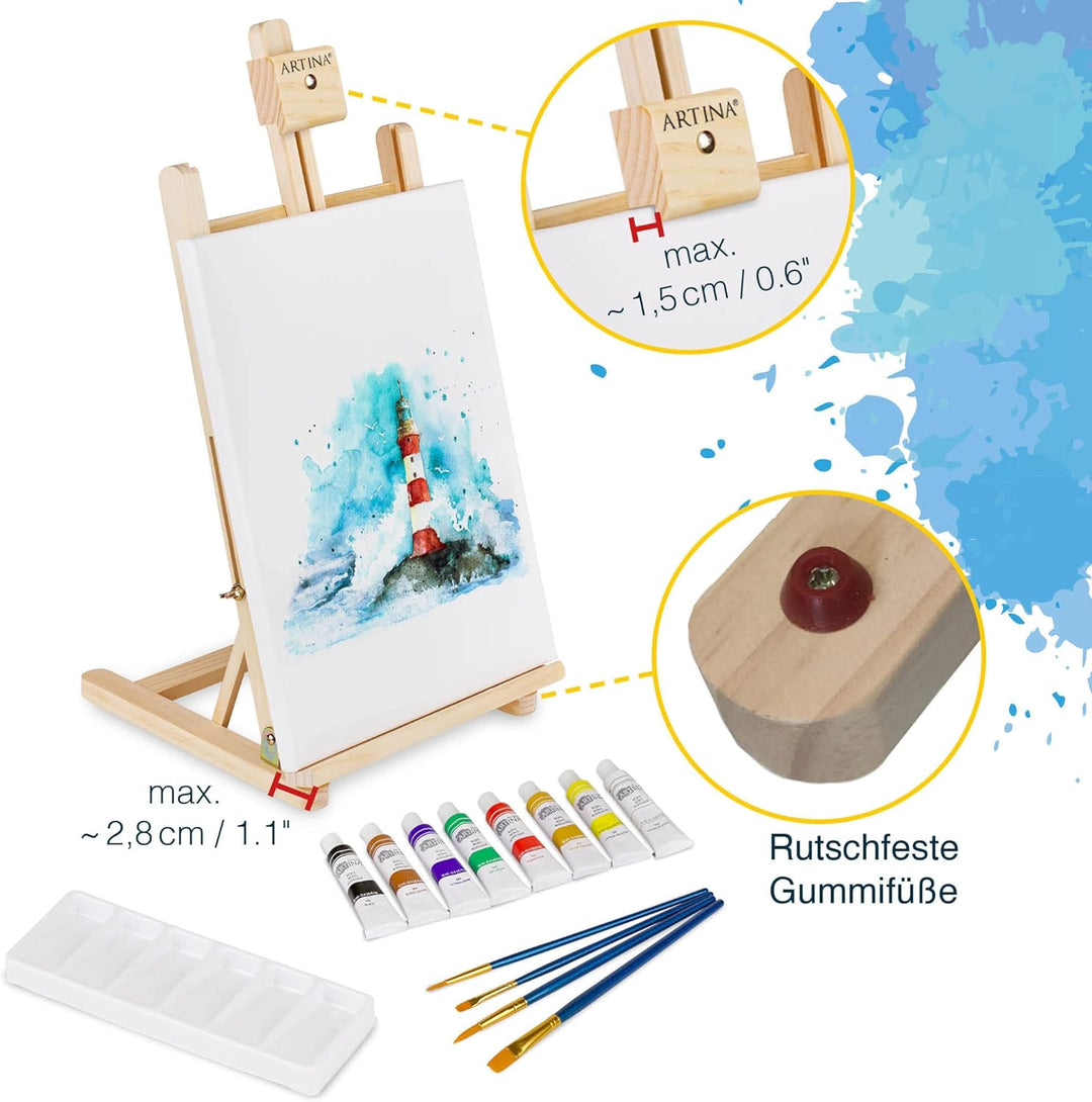 Artina 25tlg. Premium Malset Lisbon mit Tischstaffelei - Künstler Acrylfarben Set mit Keilrahmen Set