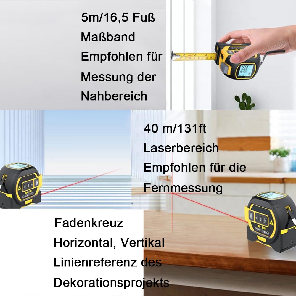 Laser Messgerät Massband, 3 in 1 Digital Laser Entfernungsmesser mit LCD -Display, Lasermessung 131