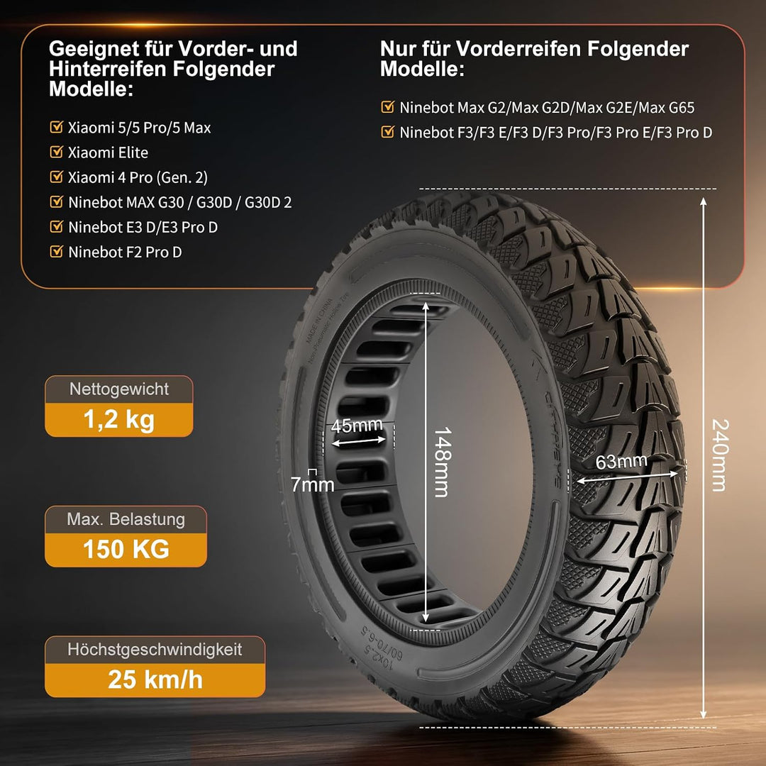 60/70-6,5 Vollgummireifen 10 Zoll Solide Reifen für Xiaomi 5/5 Pro/5 Max,für Ninebot Max G30/Max G30