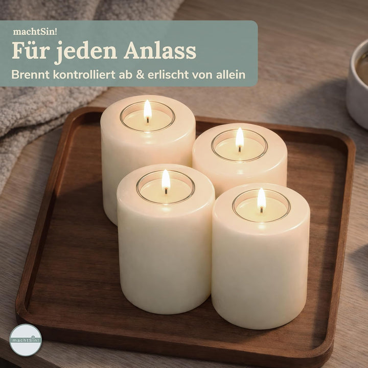 machtSin! Teelichthalter in Kerzenoptik warmweiss – ∅ 8cm, Höhe 9cm: Dauerkerze Stumpenkerzen aus sp