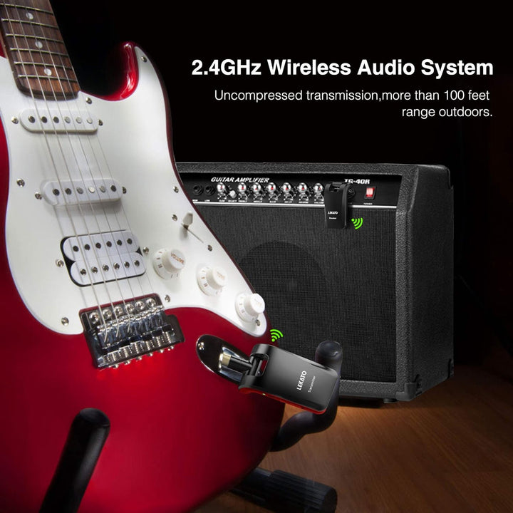 LEKATO Stereo 2.4GHZ Guitar Wireless System Wiederaufladbarer Gitarrensender Empfänger für Gitarren,